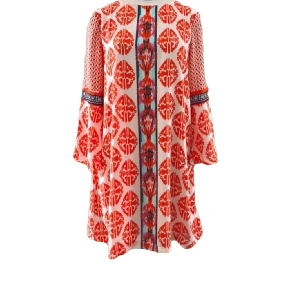 LABEL by 5 Twelve Ikat Print Shift Dress Orange & White Bell Sleeves Sz 10